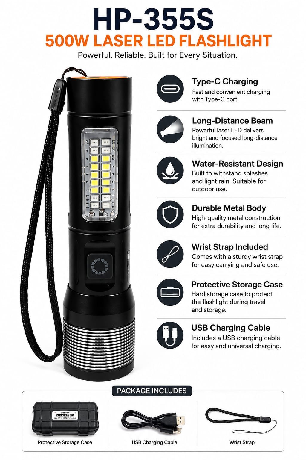 HP-355S 500W Laser LED Rechargeable Torchlight 600 Meter Range | Type-C