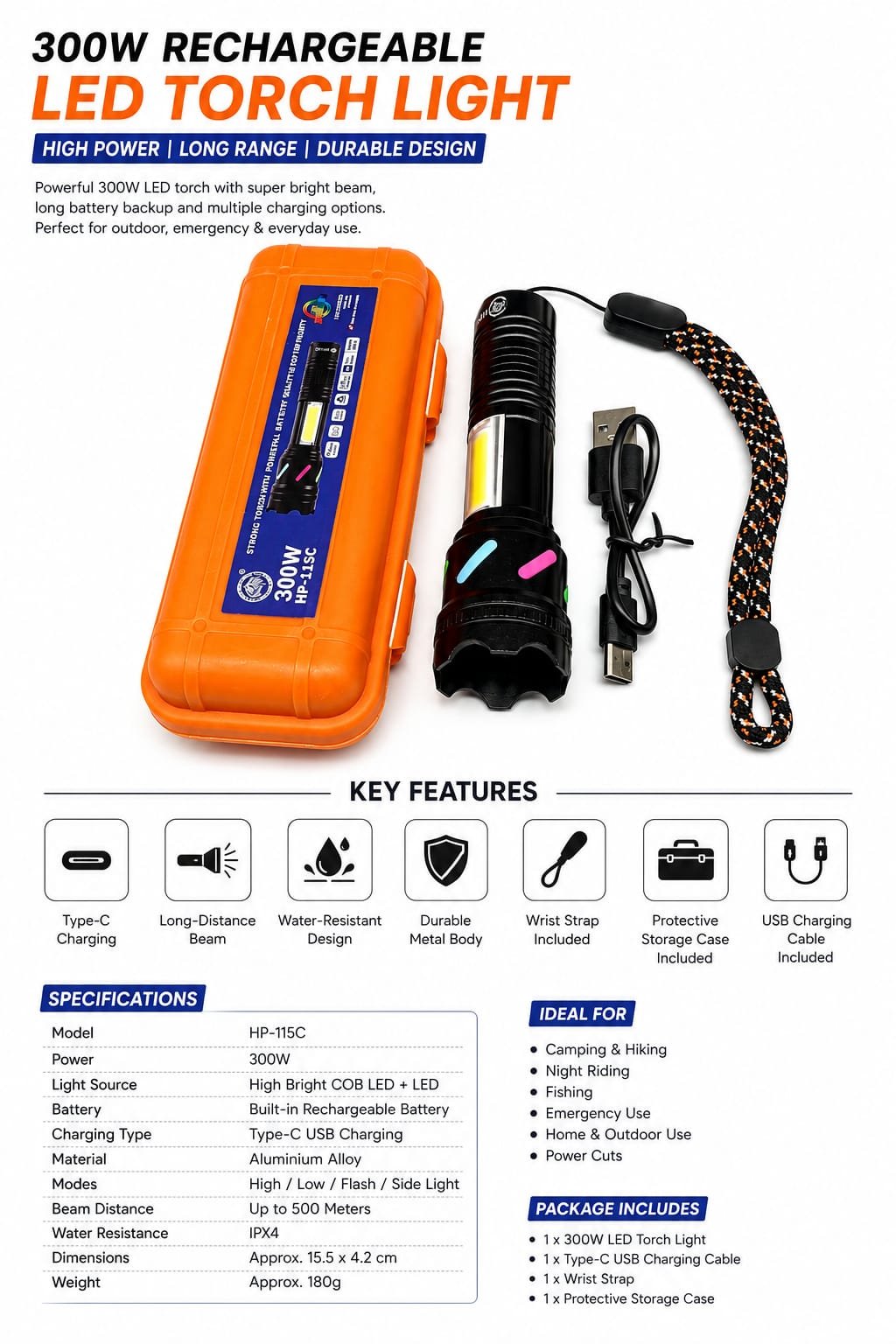 Tiger HP-115c Strong LED Torch Battery 1200mAh | Type C | Zooming LED