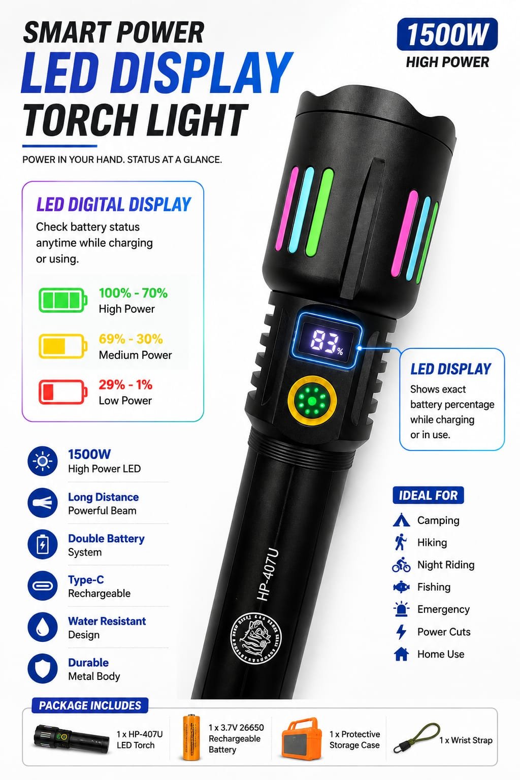 HP407U-1500W Rechargeable LED Torch Light | 2KM Range | Powerbank