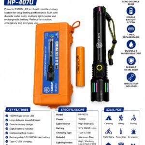 HP407U-1500W Rechargeable LED Torch Light | 2KM Range | Powerbank
