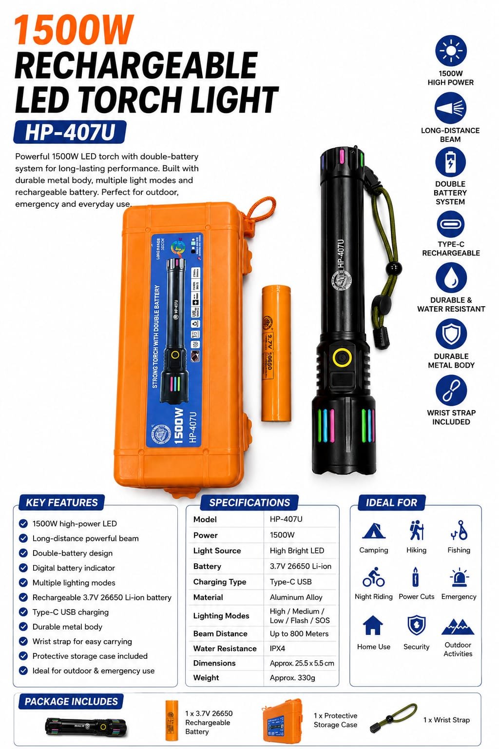 HP407U-1500W Rechargeable LED Torch Light | 2KM Range | Powerbank