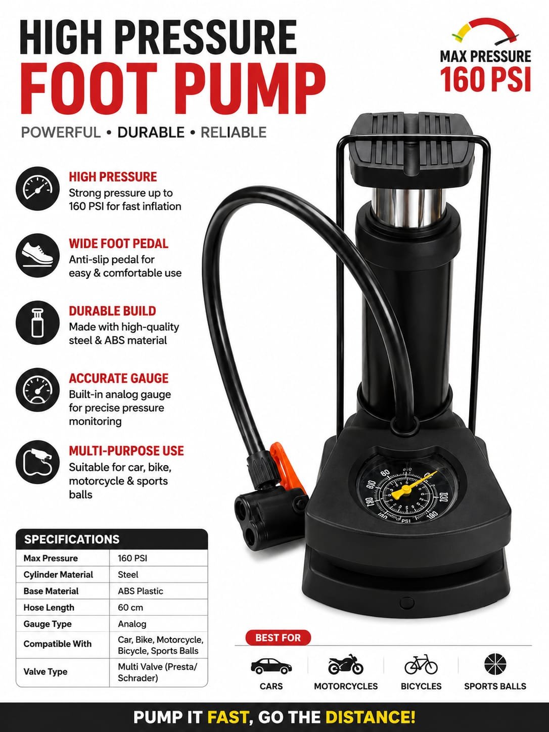 Portable High Pressure Foot Air Pump For Vehicles