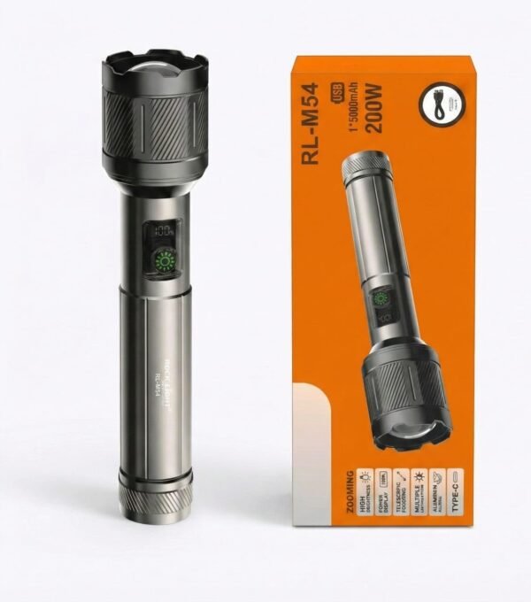 RockLight-M54 200W Metal Torch with Zooming Head | 5000mAh Battery | Type-C Charging | High Brightness LED Flashlight | Long Range Telescopic Torch