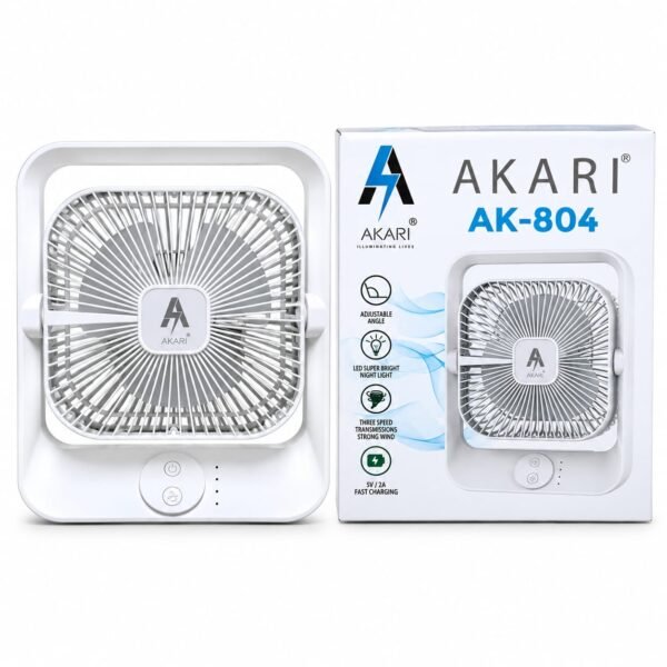 AKARI AK-804 Rechargeable Table Fan 3 Speed With LED Night Light