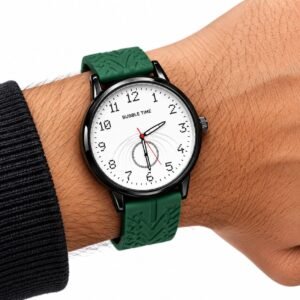 BUBBLE TIME Men’s Green Silicone Strap Analog Wrist Watch – Black Case & White Dial