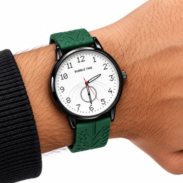 BUBBLE TIME Men's Green Silicone Strap Analog Wrist Watch – Black Case & White Dial