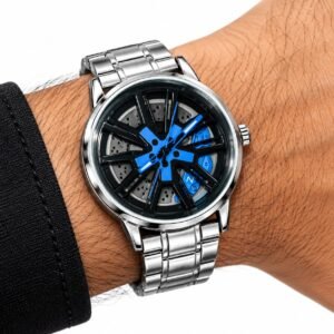 RICK Men’s Silver Stainless Steel Bracelet Spinner Dial Analog Wrist Watch – Blue & Black